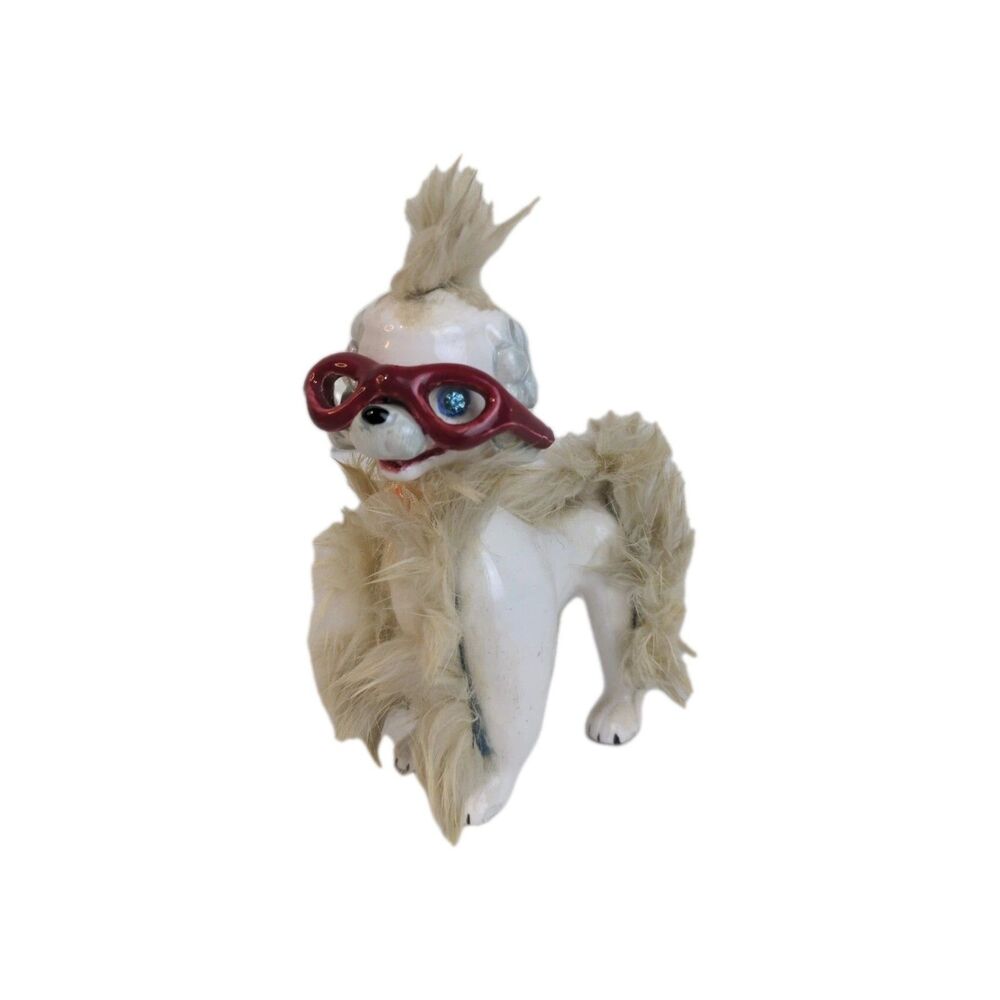 Ceramic Poodle Dog with hair and Wearing Glasses Blue Jewel Eye's
